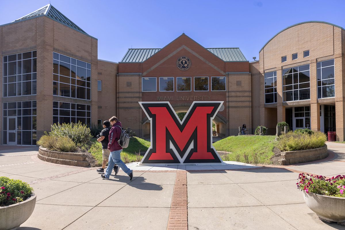A large bevelled M, Miami's signature mark, on the Hamilton campus
