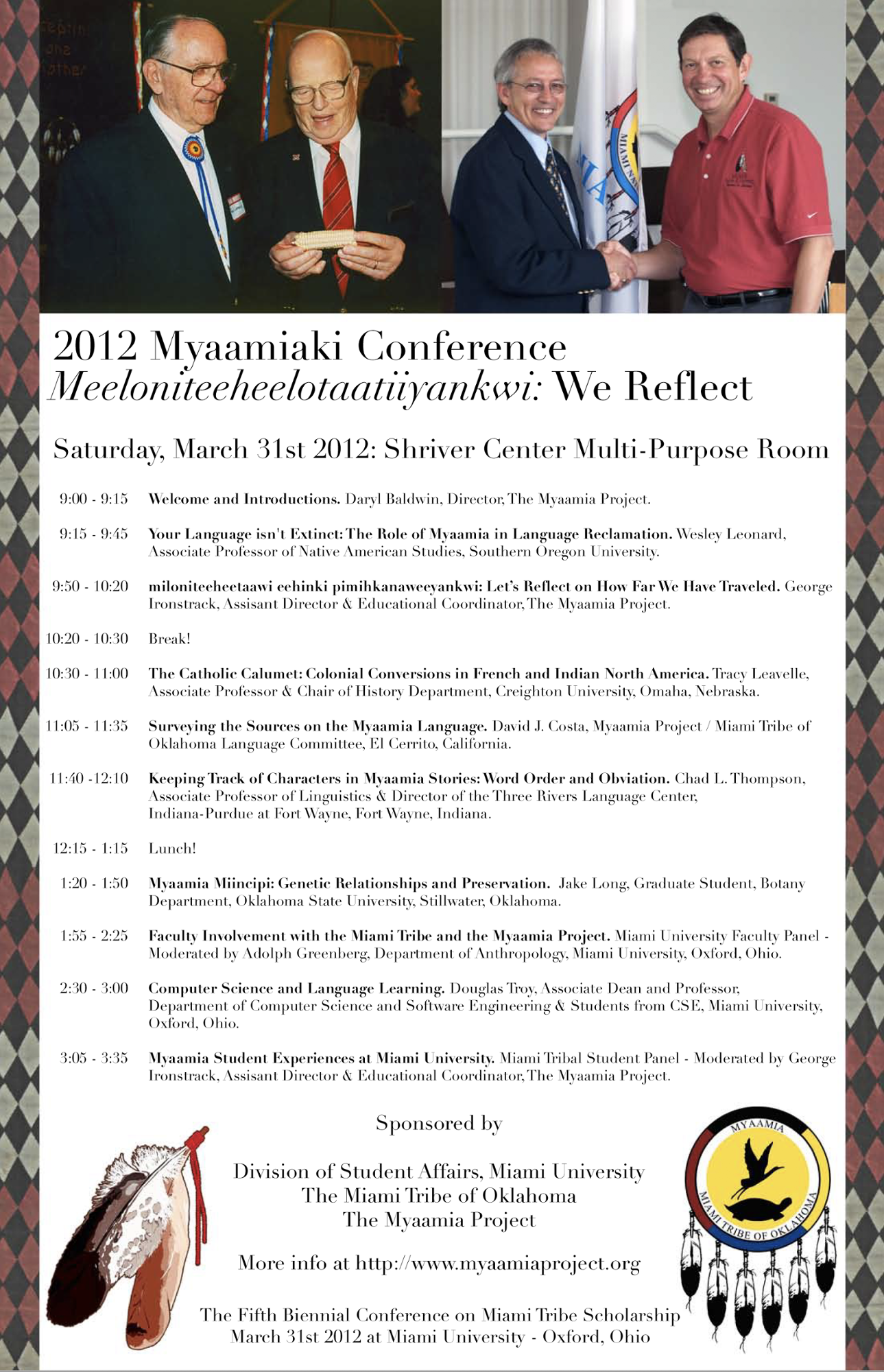 2012 Myaamiaki Conference Promotional Poster, including speakers, conference information, and theme.