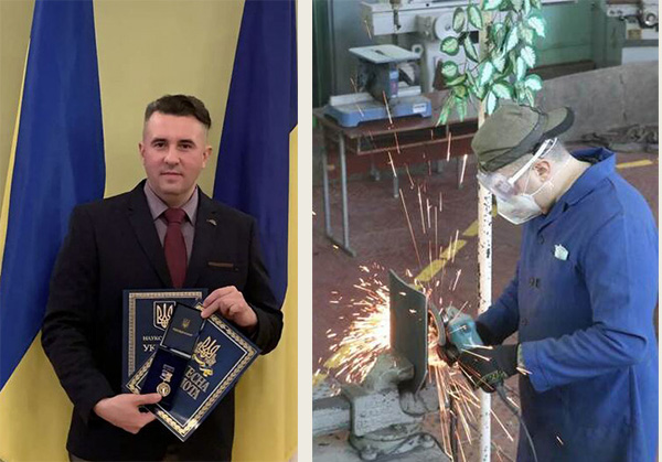 Left photo, Ukrainian scholar Borys Prydalnyi received an award for his research in Kyiv, Ukraine before the war. Right photo, Prydalnyi working in his engineering lab making body armor during the early months of the war (images courtesy of Prydalnyi).