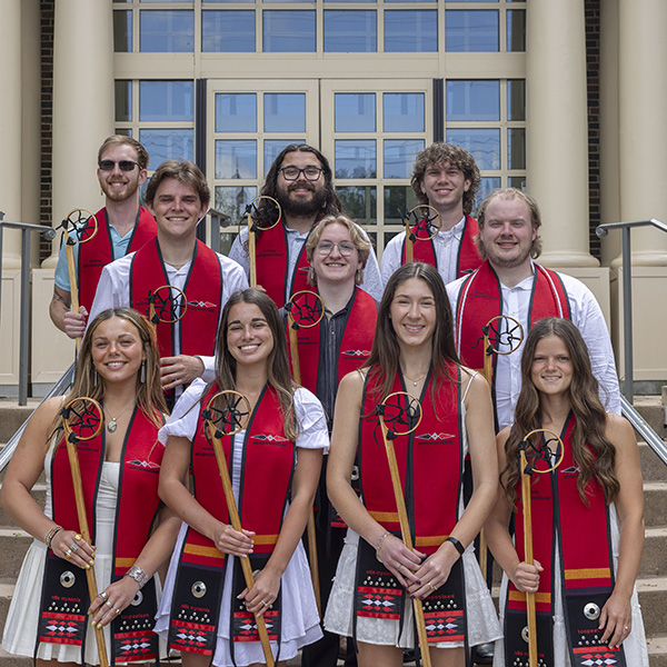 These 2025 Miami University graduates participated in the Myaamia Heritage Award Program, which provides a tuition waiver and a four-year undergraduate college experience. As the Myaamia Heritage Program turns 35 this year, it will reach a new milestone: 145 graduates of the program to date, including those who will graduate this spring.