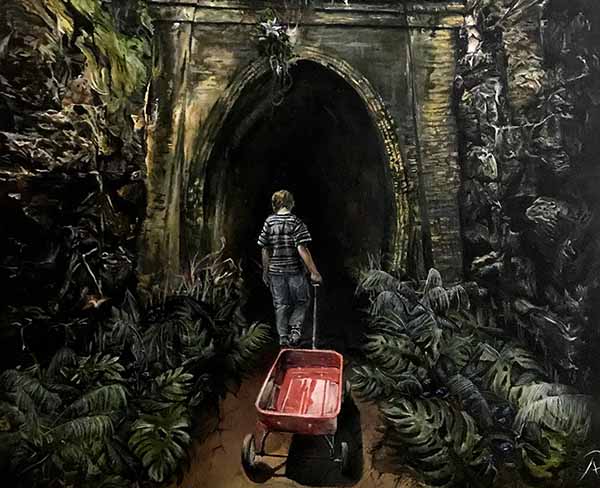 painting of tunnel vision with a boy pulling a red wagon toward a tunnel