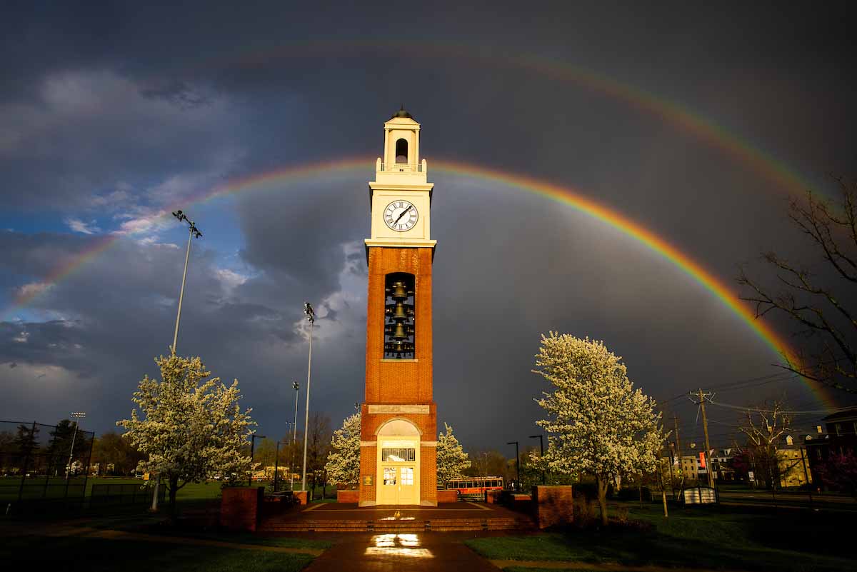 A double rainbow centered over the Pulley Tower