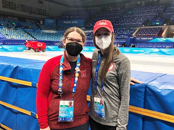 Kristin Abbott and Ingrid Benson at skating rink in Beijing