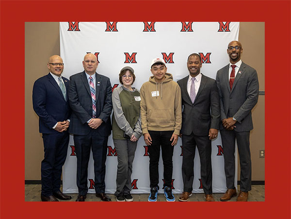 Miami University President Gregory Crawford; Hamilton City School District Superintendent Michael Holbrook; Hamilton High School student Evelyn Duggins; Middletown High School student Eric Alonso Diaz; Middletown City School District Superintendent Marlon Styles Jr.; and Vice President and Dean of Miami University Regionals Ande Durojaiye.