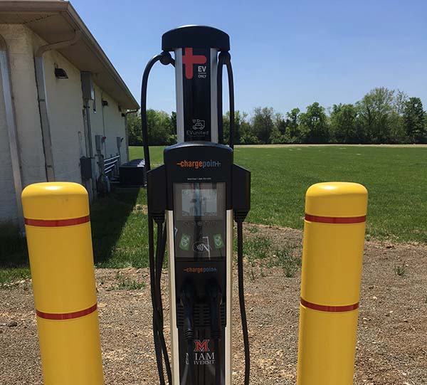 Two EV charging stations at Chestnut Fields parking lot