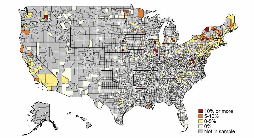 This county-level map shows the four-year students covered by a mandate as a fraction of population in each county. 