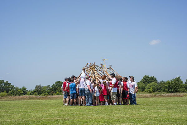 Myaamia community members of all ages kick off a lacrosse game in Miami, Oklahoma in 2019. Community peekitahaminki, ‘lacrosse,’ games are commonly played at community gatherings.  