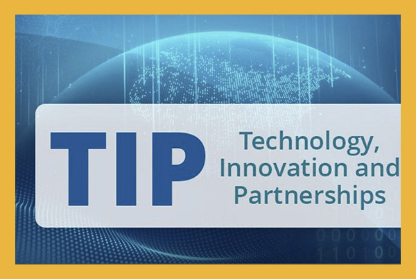 technology , Innovation and partnerships on a blue background