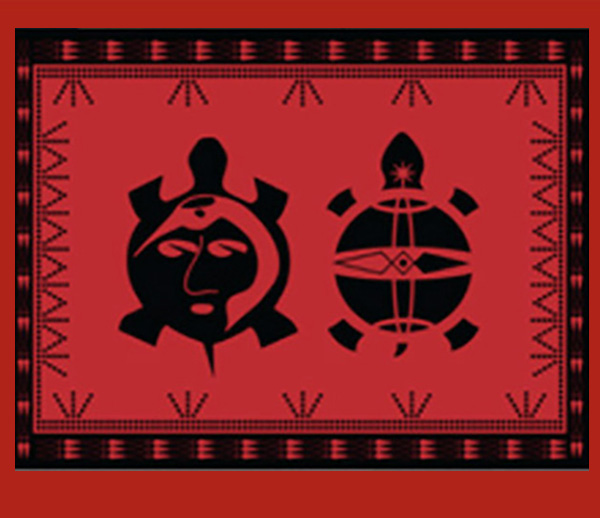 black and red image of stylized turtles