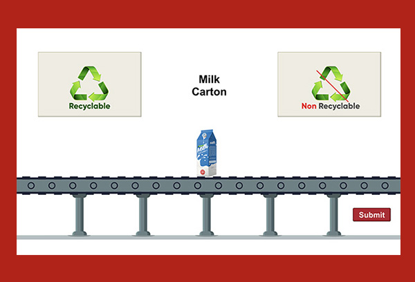 cartoon milk carton and conveyor belt with recyclable and not recyclable words in a green box
