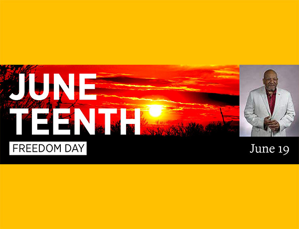 juneteenth freedom day words over a sunset and small image of rodney coates