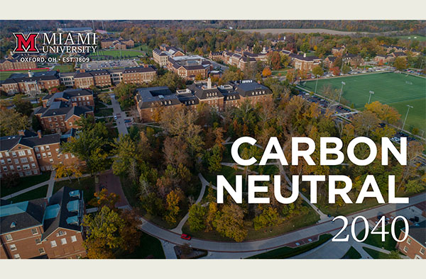Carbon Neutral 2040 words over an aerial view of campus