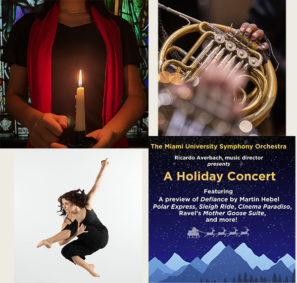 A choralier holding a candle in Kumler Chapel and the orchestra holiday concert poster 