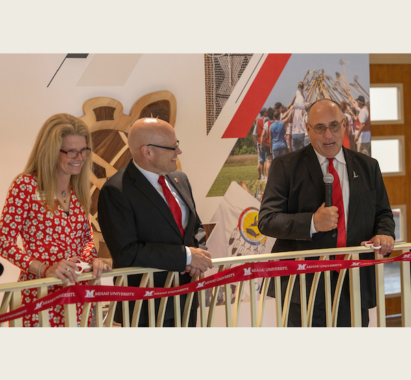 Dr. Renate Crawford, Miami University President Gregory Crawford, and Miami Tribe of Oklahoma Chief Douglas Lankford speak at the ribbon cutting for the new classroom space in McMillan Hall.