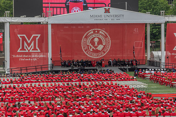 Miami University students gather for spring commencement 2024 at Yager Stadium.
