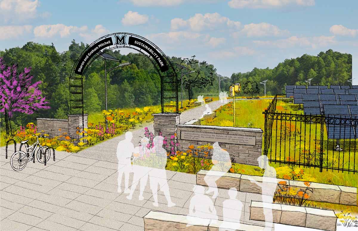 Artist rendering of the main entrance to the Sharon and Graham Mitchell Sustainability Park 