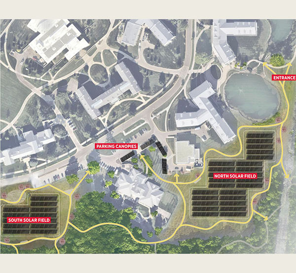 Rendering by Melink Solar showing the location of the North Solar Field (north of the Western Geothermal Plan and Hillcrest Hall), South Solar Field (located at the current Thompson Hall site), and parking canopies