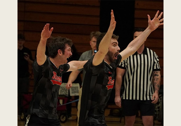 Miami students Ty Keller, left, and Max Edling react to Club Dodgeball's 2-1 win in overtime over the University of Cincinnati (photo by Kris Haas).