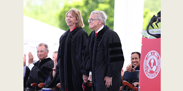 Ohio First Lady Fran DeWine ’71 and Gov. Mike DeWine ’69 received honorary Doctor of Humane Letters degrees from Miami University during Saturday’s spring commencement ceremony at Yager Stadium.