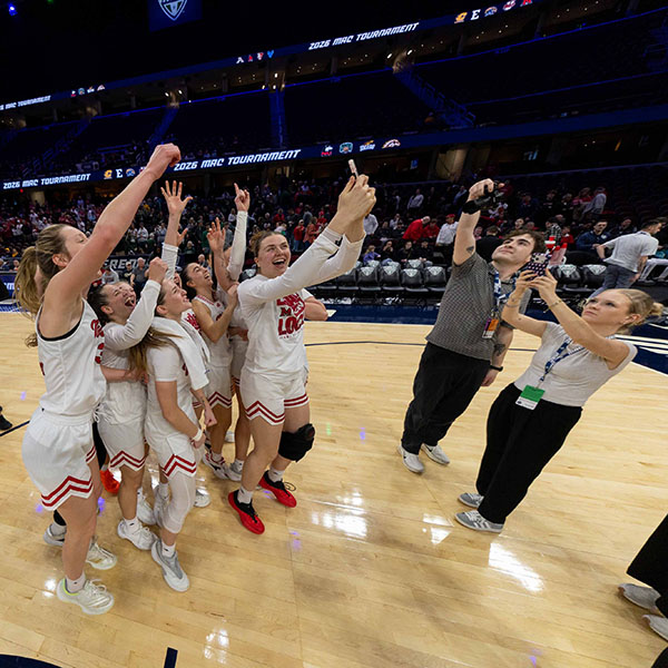 Miami University women's basketball team celebrating