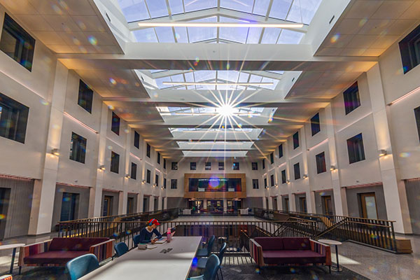 A sunburst effect in the atrium roof of the newly renovated Bachelor Hall atrium