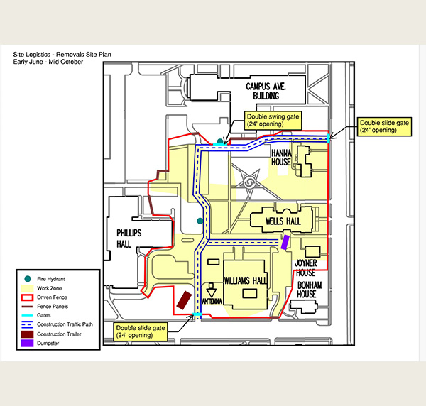 simple map showing the outline of Hanna and Joyner House, Wells and Williams Halls, and parking lots near them, and the area that construction fence will enclose