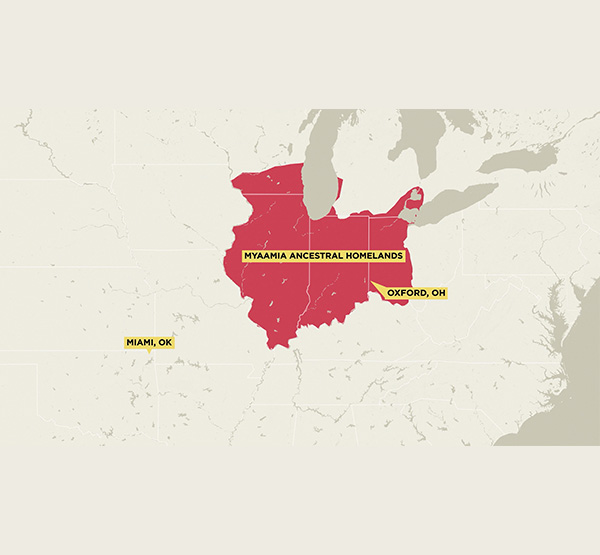This map shows the Myaamia ancestral homelands, including what is now Ohio, Indiana, and Illinois. The Myaamia people were forcibly removed from the area to Kansas and then Oklahoma. The Miami Tribe of Oklahoma is based in Miami, Oklahoma, shown on the map.
