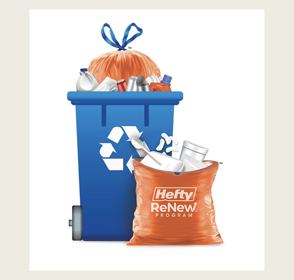 hefty renew bag and a recycling bin