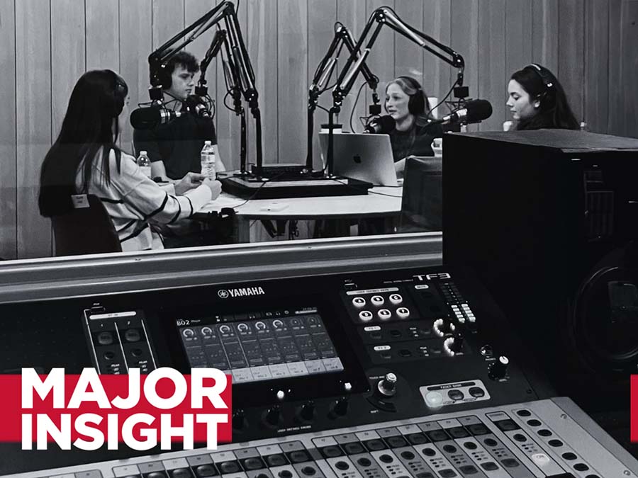Major Insight logo on photo of Miami University students podcasting