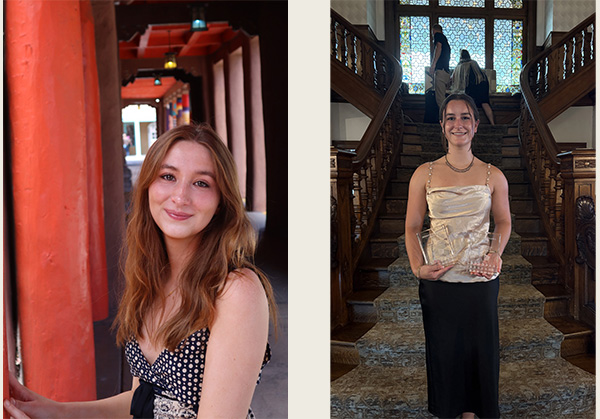 Ava Widrig, left, stands next to a red column, and Piper Campbell poses at the bottom of a wooden stairway in a historic building that divides into a left and right flight of stairs. It makes an attractive backdrop behind as she poses holding 2 small glass awards