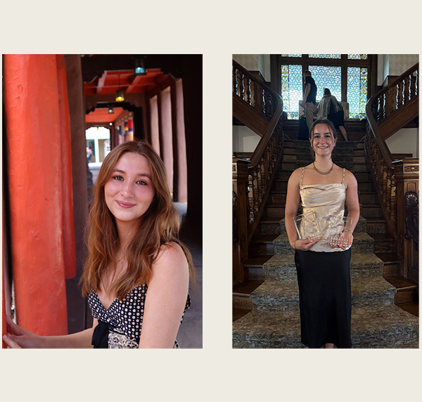 Ava Widrig, left, stands next to a red column, and Piper Campbell poses at the bottom of a wooden stairway in a historic building that divides into a left and right flight of stairs. It makes an attractive backdrop behind as she poses holding 2 small glass awards 