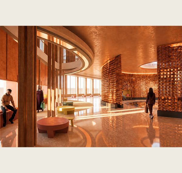 Ava Widrig's rendering of a library design shows circular walls and design elements, one curving wall has copper cladding, and architectural type images of people in the space 