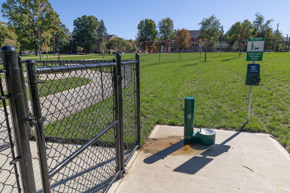 a dog water fountain and dog waste bag station inside a fenced grassy area, part of the new dog park near Millett