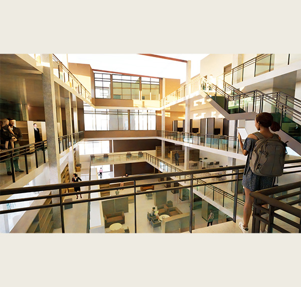 Piper Campbell's rendering of a commercial library shows a multi-level atrium and foyer  and a stairwell with architect images of people placed within 