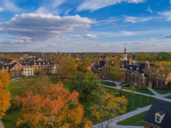 aerial view of MacCracken Hall on campus on a clear fall day