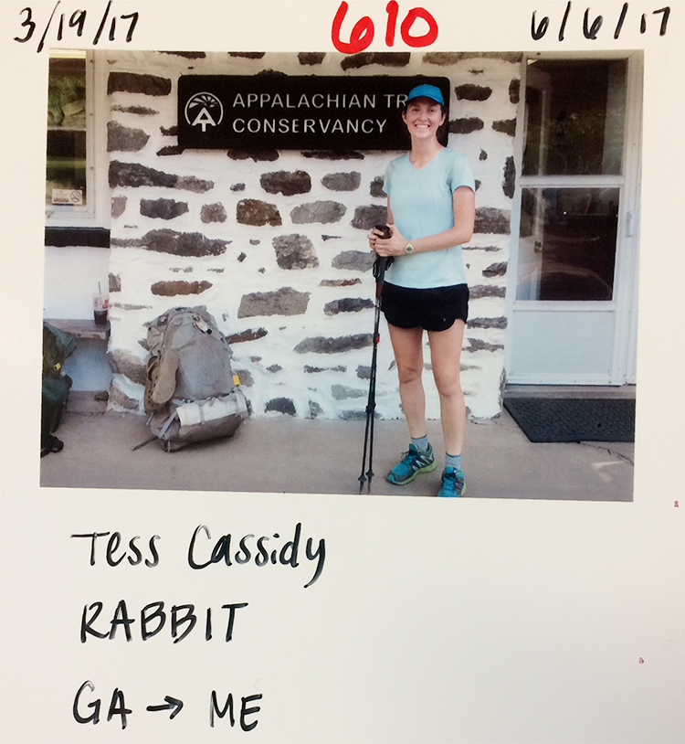 A polaroid of Tess at the Appalachian Trail Conservancy. The handwriting on the border reads 'Tess Cassidy, Rabbit, Georgia to Maine.'