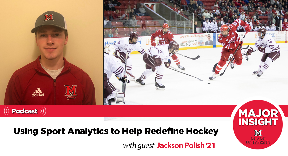 Jackson Polish pictured on the left side of the photo and an ice hockey game pictured on the right.