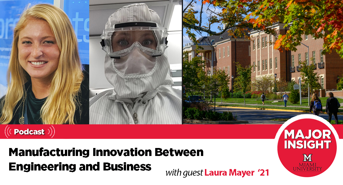 Laura Mayer pictured on the left, she's also pictured in the middle in a hazmat suit, and on the right is a photo of Benton Hall.