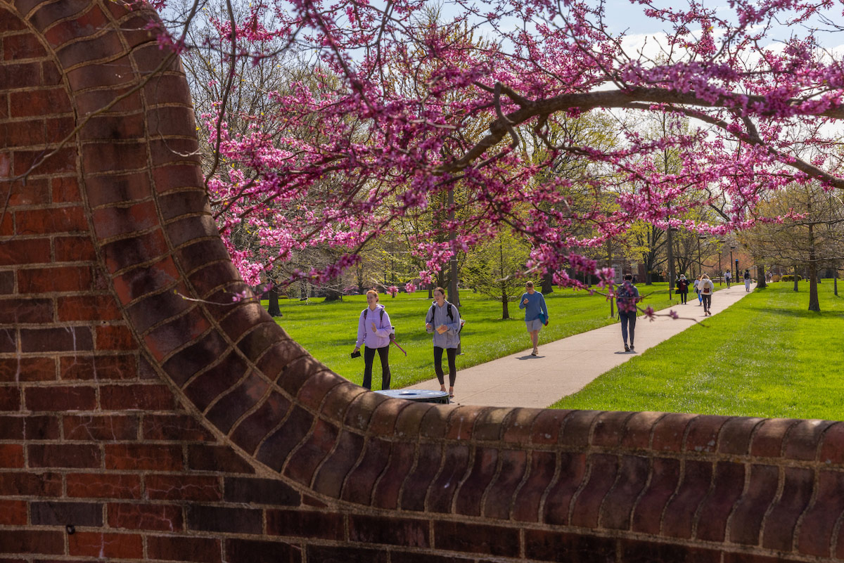 Students walking on Slant Walk with a closeup of the Slant Walk brick gate and a flowering redbud.