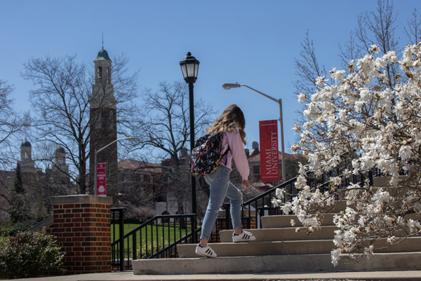 A student walks up the steps towards Cook Field with the Pulley Tower on the left and a white flowering tree on the right.