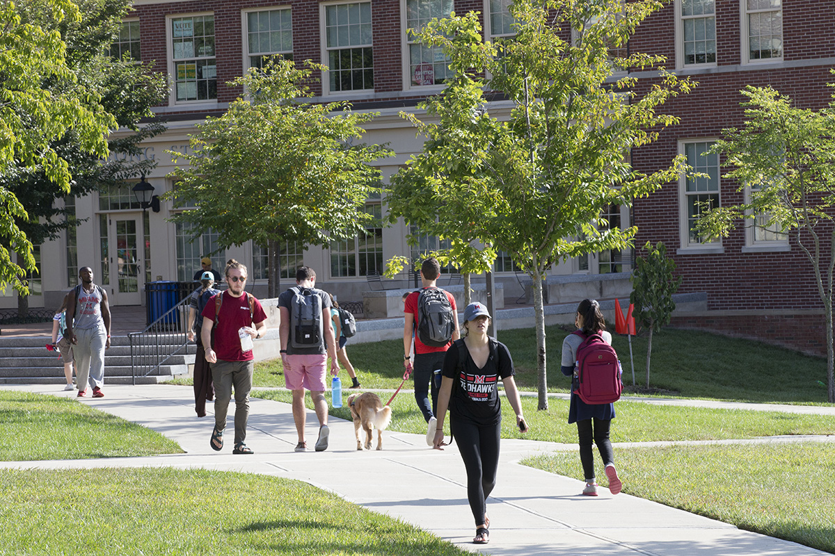 Students walk to class during the spring.