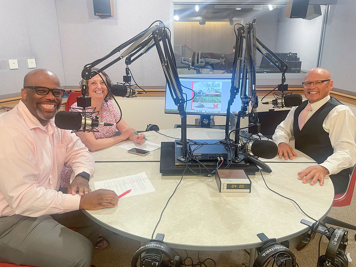 Miami University president Gregory Crawford hosts the In Such a Place podcast with guests Jayne Brownell and BaShaun Smith from Student Life in the studio