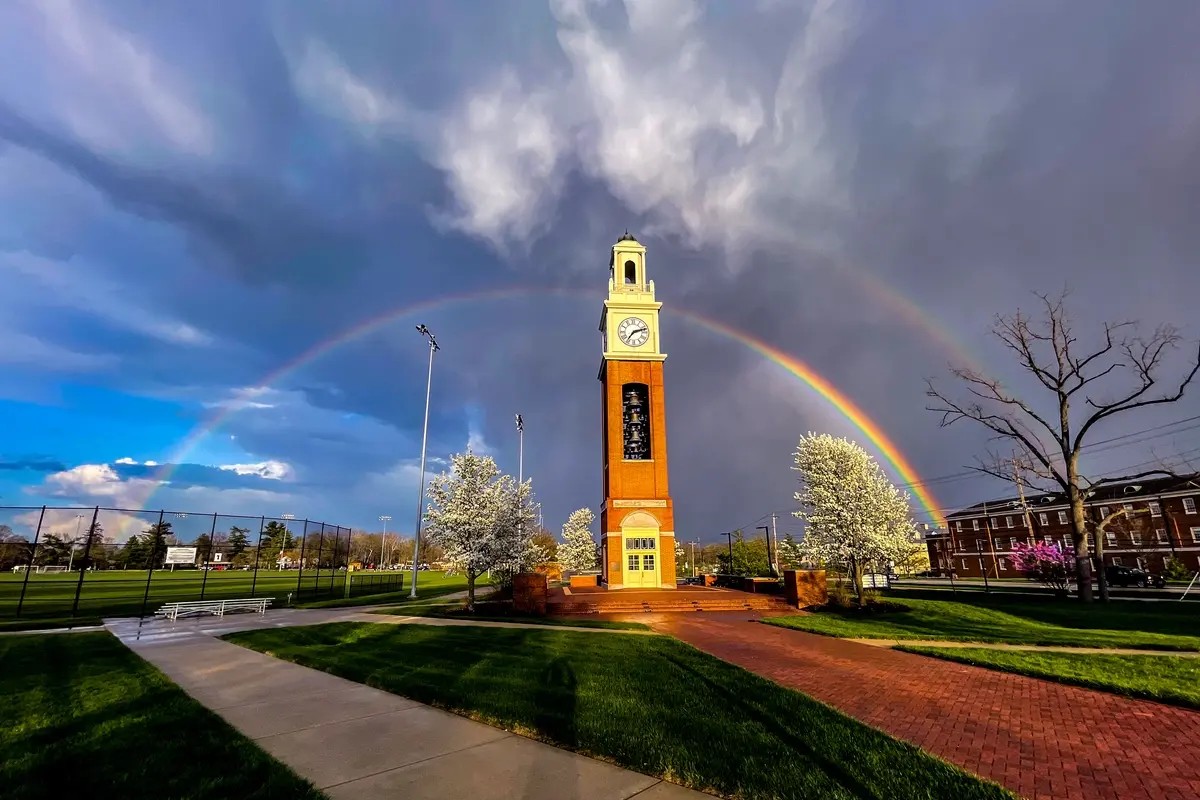 A double rainbow over the bell tower on Miami University's Oxford, Ohio campus in the spring.