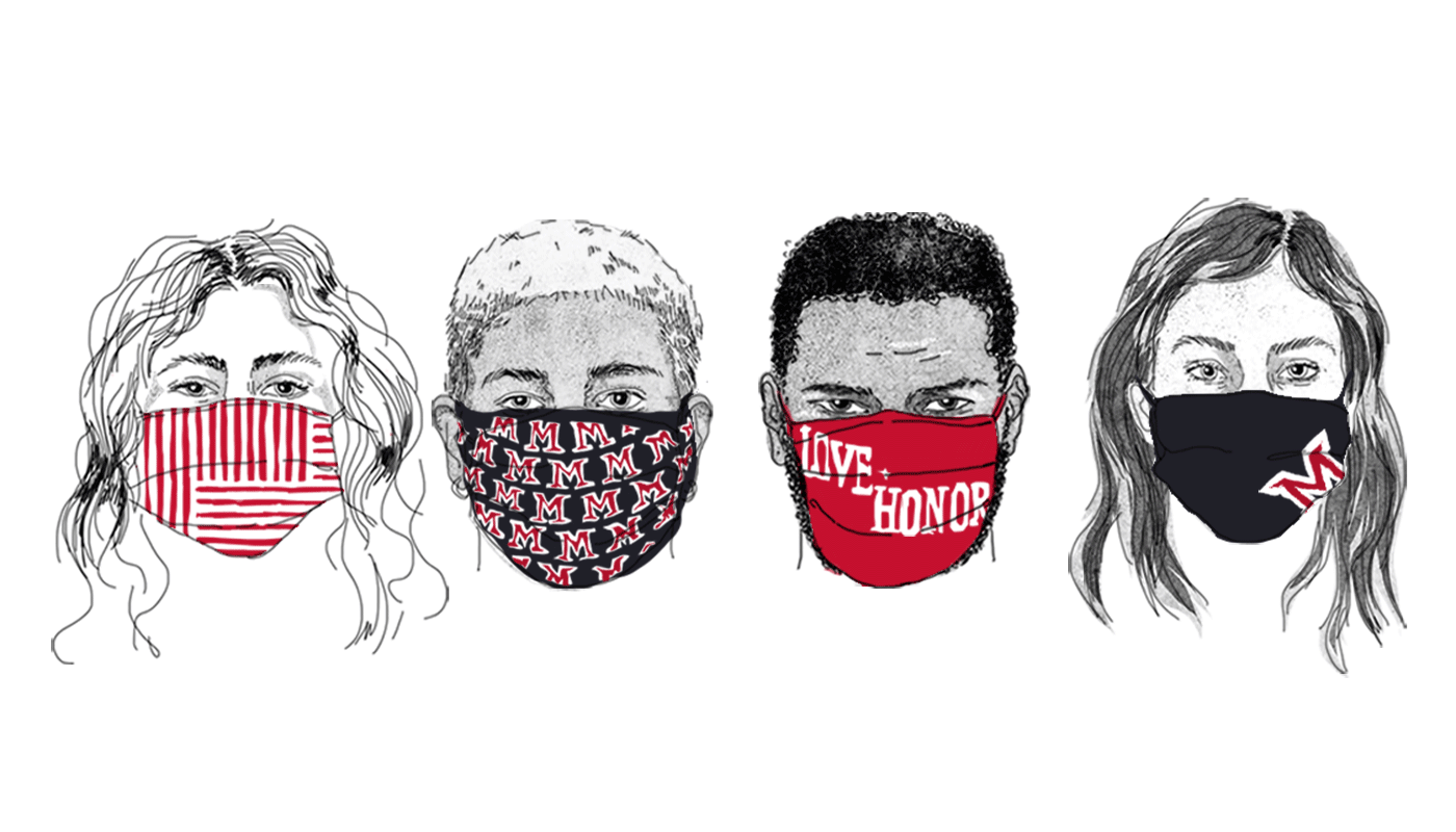 Illustration of four students wearing Miami Branded face masks
