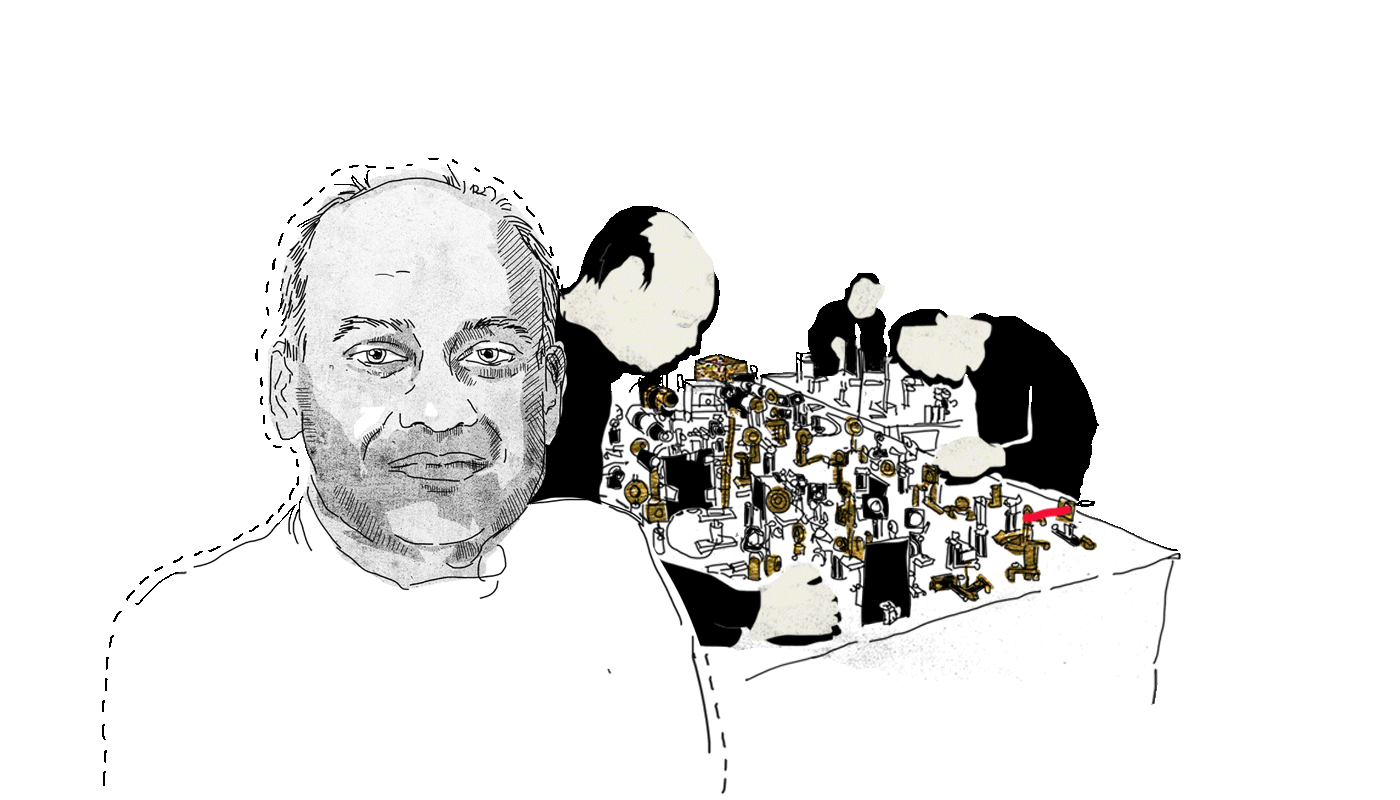 illustration of Samir Bali and researchers using equipment
