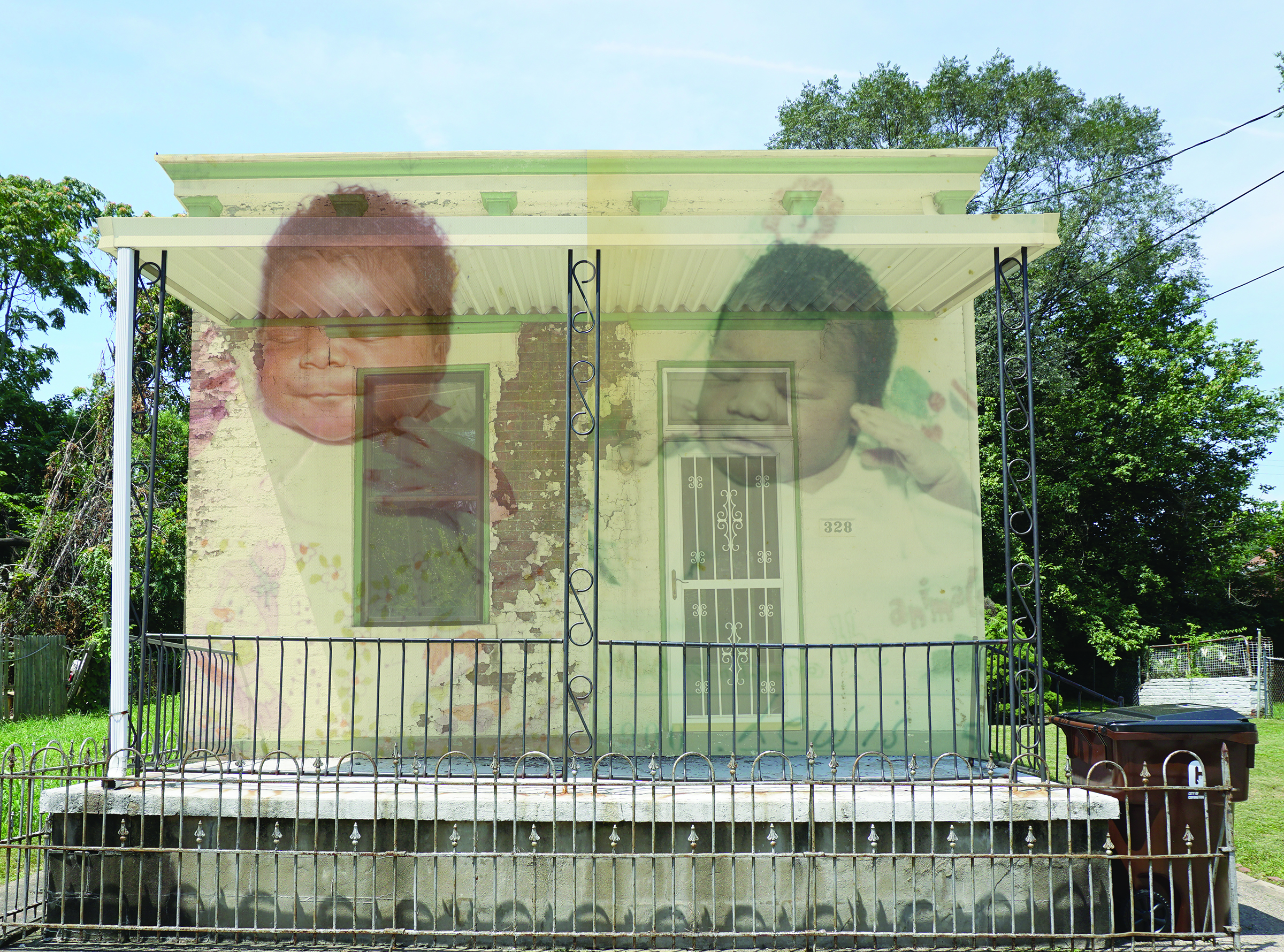 Childhood photo transposed atop current houses in a neighborhood