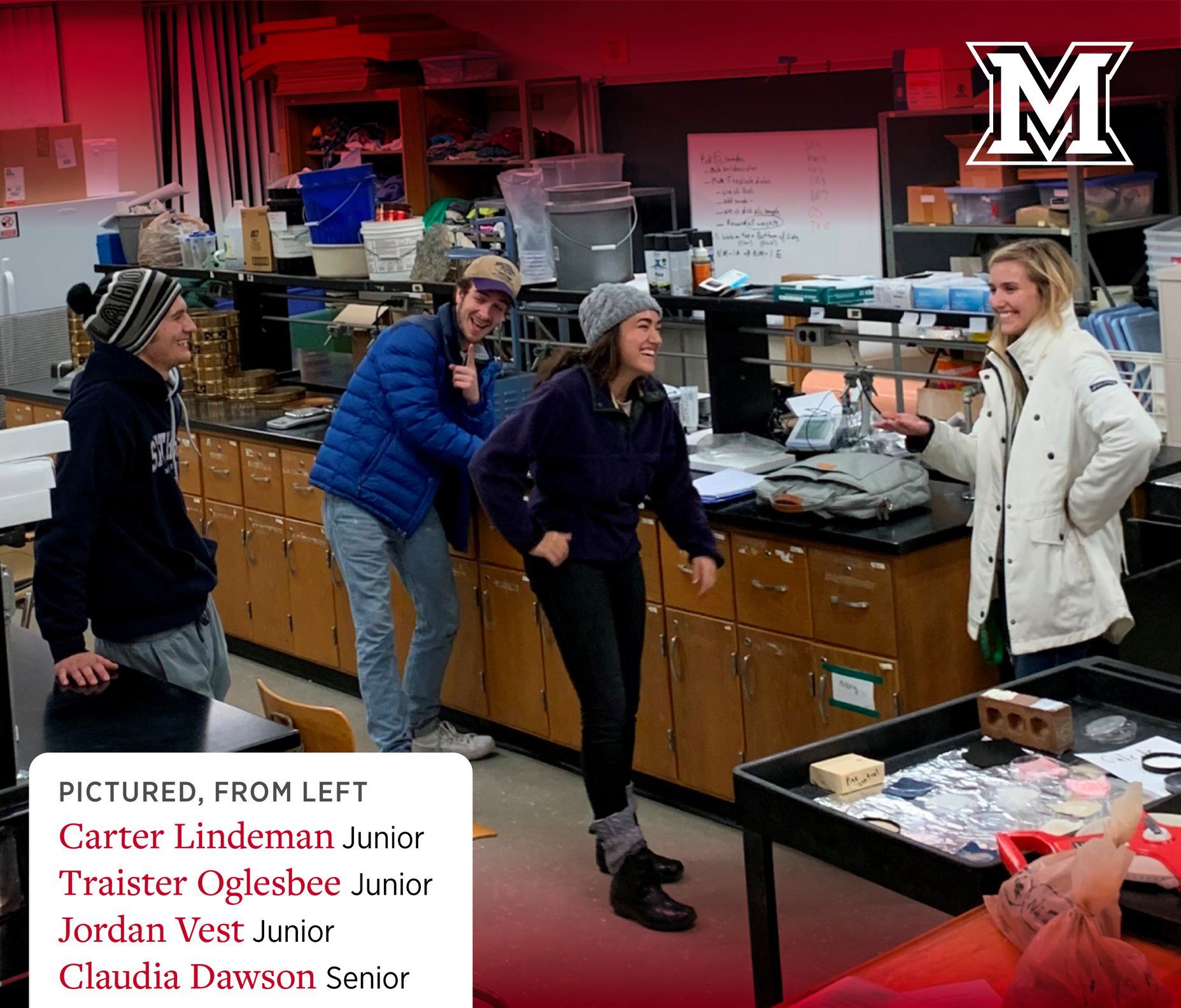 Carter Lindeman, Traister Olesbee, Jordan Vest and Claudia Dawson working on the lab. 