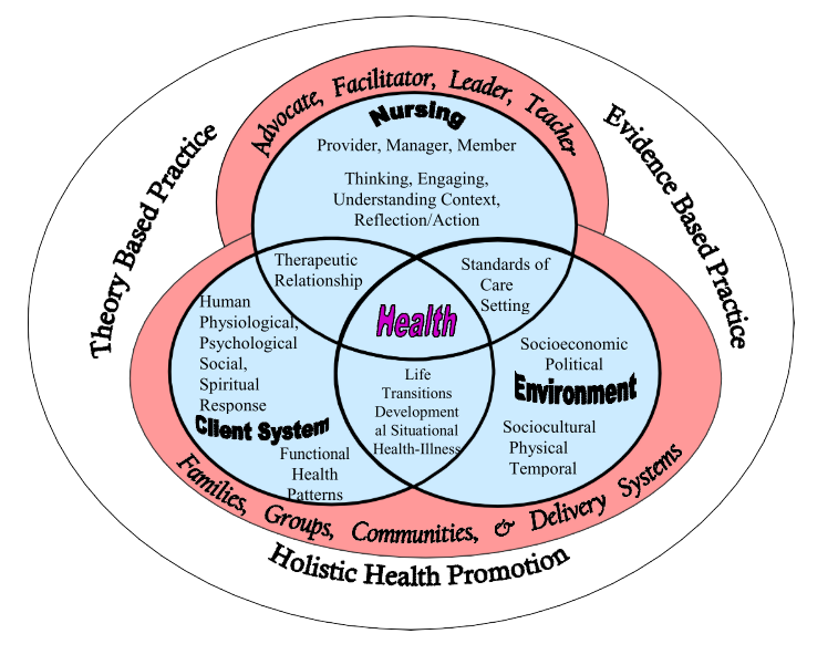 Theory Based Practice, Evidence Based Practice, Holistic Health Promotion. Advocate, Facilitator, Leader, Teacher Families, Groups, Communities, and Delivery Systems Nursing Provider, Manager, Member Thinking, Engaging, Understanding Context, Reflection/Action Therapeutic Relationship Standards of Care Setting Health Human Physiological, Psychological Social, Spiritual Response Client System Functional Health Patterns Life Transitions Development al Situational Health-Illness Socioeconomic Political Environment Sociocultural Physical Temporal.