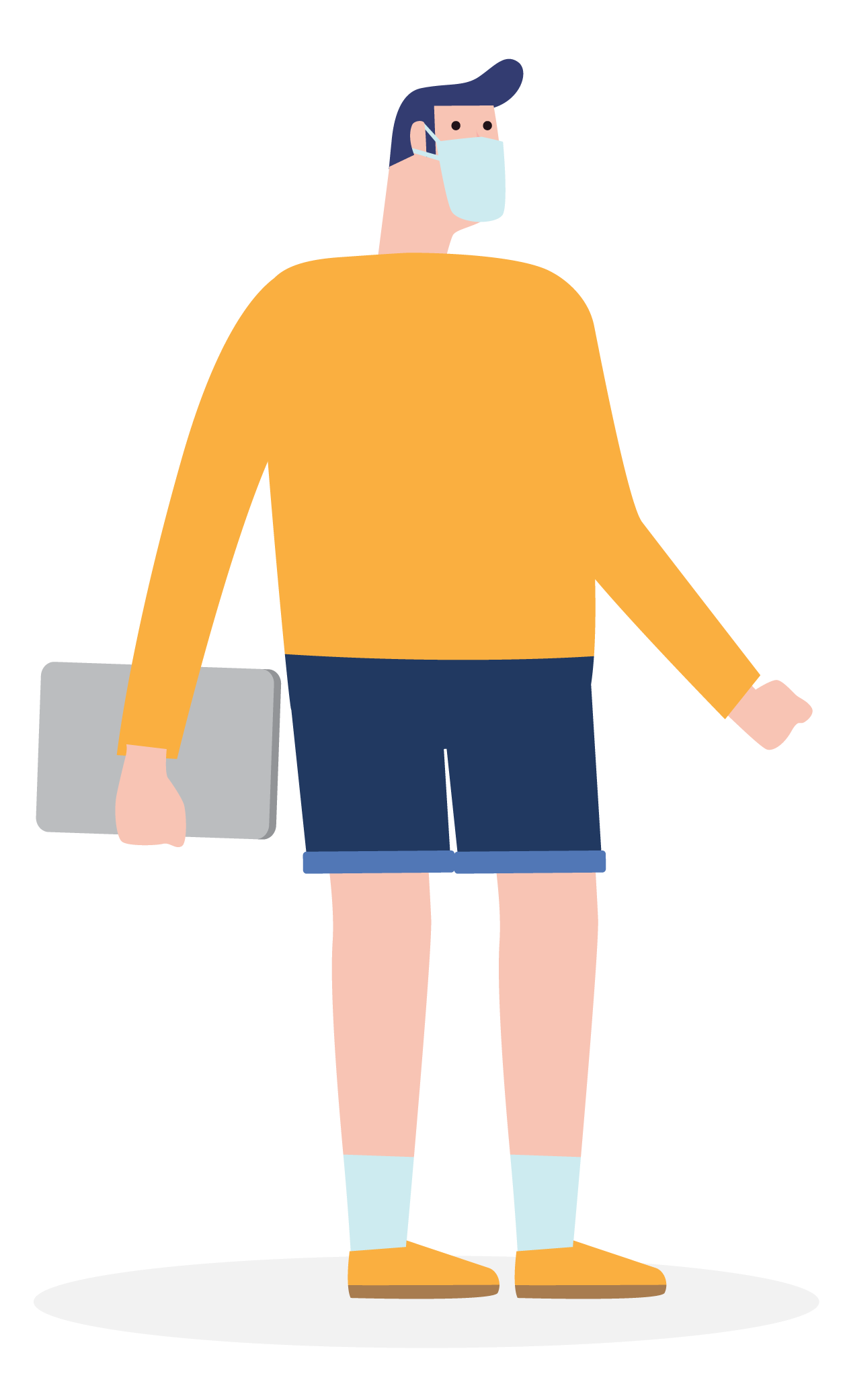 A male illustration carrying a laptop wearing a mask.