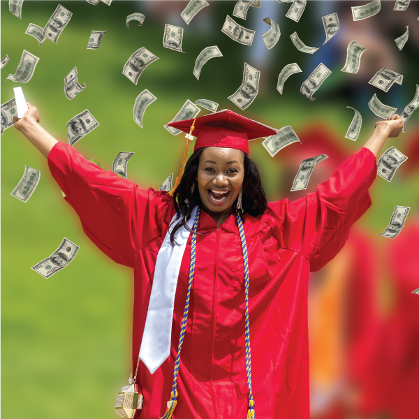 A student at graduation with her hands in the air and money around her.